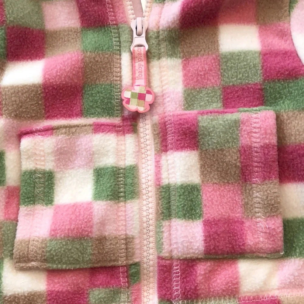 Children’s Place Pink Green Checkered Full Zip Fleece Hooded Jacket 3-6 months